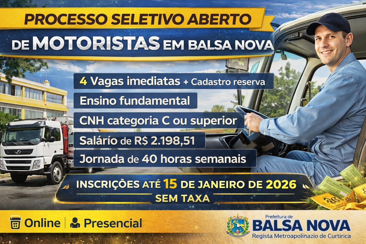 Prefeitura de Balsa Nova abre processo seletivo para contratação temporária de motoristas